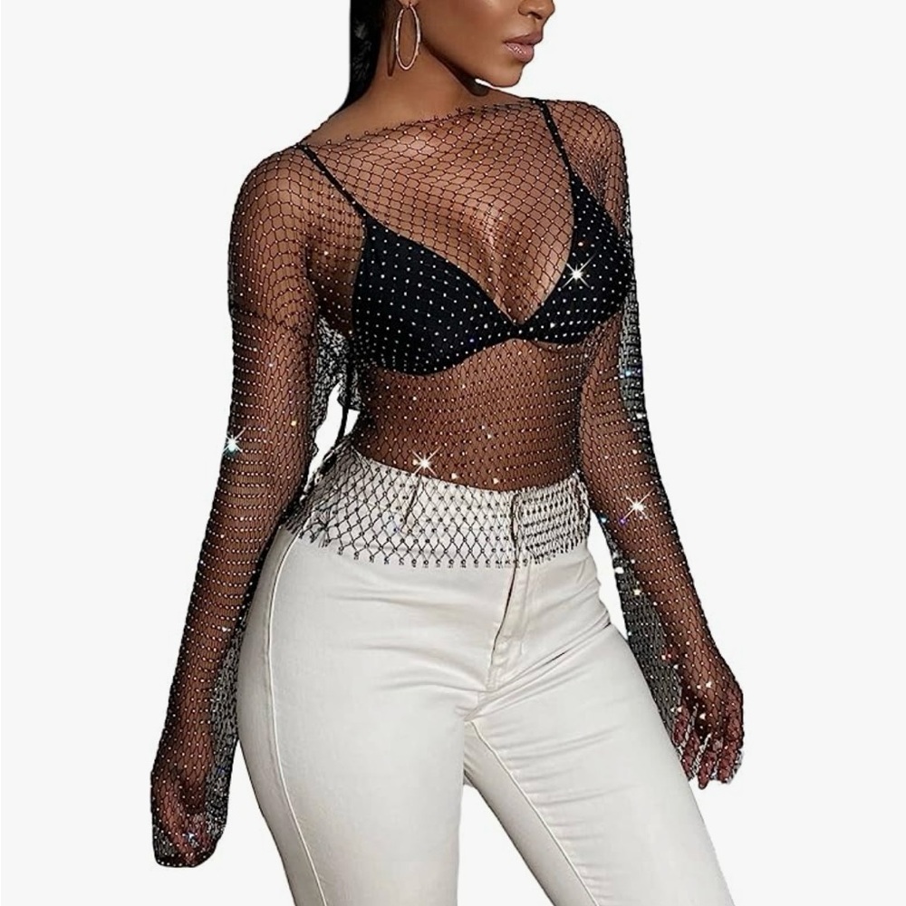 Rhinestone Mesh See Through long sleeve